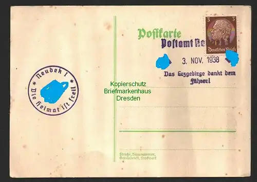 B8656 Postkarte DR Deutsches Reich Erinnerungsstempel Postamt Neudek Einglieder