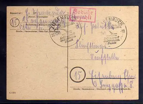 B862 SBZ Karte Gebühr bezahlt 1945 Ziegenrück an Flüchtlings Suchstelle