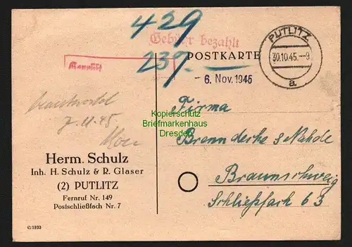 B8320 SBZ Gebühr bezahlt Putlitz 1945 nach Braunschweig + Zensur " Geprüft "