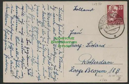 B6977 Postkarte Ausland SBZ 219 EF nach Rotterdam Holland 1952