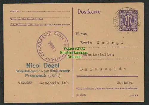 B6985 BAZ Ganzsache Military Censorship 13490 Pressek Obfr. nach Bärenwalde 1945