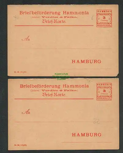 B6417 2x Ganzsache Briefbeförderung Hammonia Hamburg 1889 Verdier & Falke