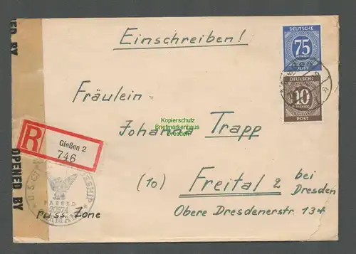 B6553 Brief Einschreiben Gießen 1947 US Zensur Passed 20574 Freital Civil mails