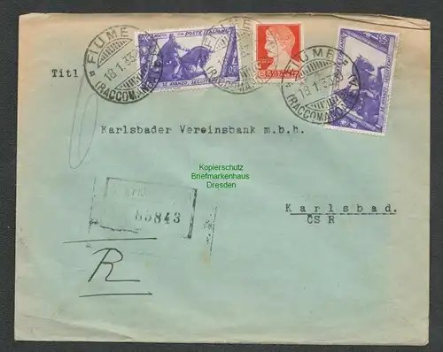 B6650 Brief Italien Einschreiben Fiume Nummerator Stempel nach Karlsbad CSR 1933