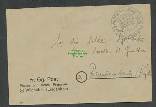 B6148 Brief SBZ Gebühr bezahlt 1945 Wildenfels Erzgeb. Fr. Gg. Post Präparate