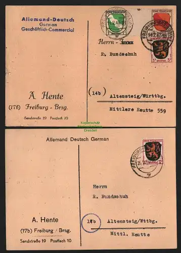 B4649 Franz. Zone 1947 allgem. Ausgabe 2x Postkarte Freiburg nach Altensteig W.