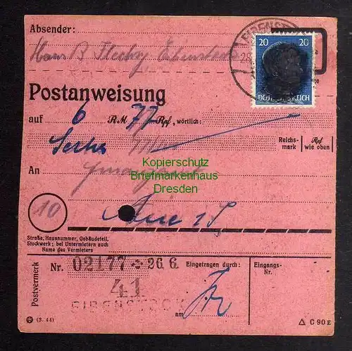 B2987 Sächsische Schwärzung 1945 Postanweisung 41 Eibenstock 28.6. Finanzamt Aue
