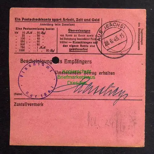 B2987 Sächsische Schwärzung 1945 Postanweisung 41 Eibenstock 28.6. Finanzamt Aue