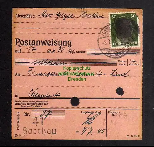 B2837 Sächsische Schwärzung 1945 Postanweisung 41 Harthau - Chemnitz 5.7.45
