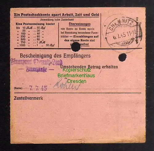 B2837 Sächsische Schwärzung 1945 Postanweisung 41 Harthau - Chemnitz 5.7.45