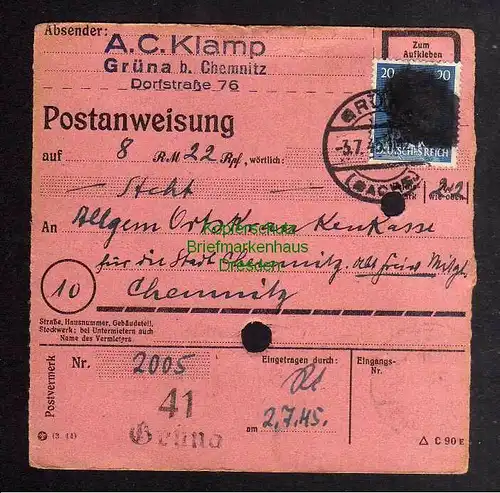 B2995 Sächsische Schwärzung 1945 Postanweisung 41 Grüna 3.7. Chemnitz