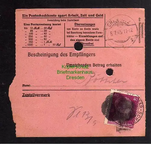 B3016 Sächsische Schwärzung 1945 Postanweisung 41 Siegmar-Schönau 3.7. Chemnitz