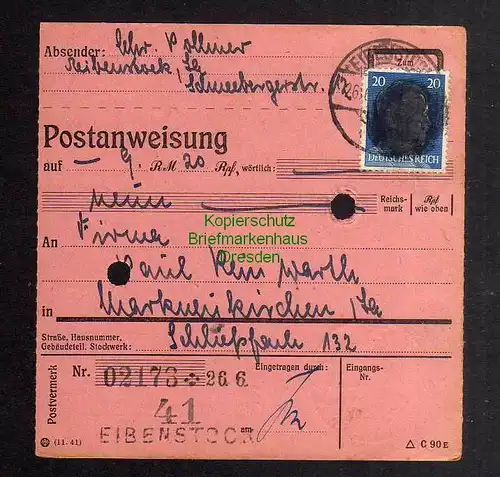 B2825 Sächsische Schwärzung 1945 Postanweisung 41 Eibenstock - Markneukirchen 26