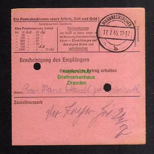 B2825 Sächsische Schwärzung 1945 Postanweisung 41 Eibenstock - Markneukirchen 26