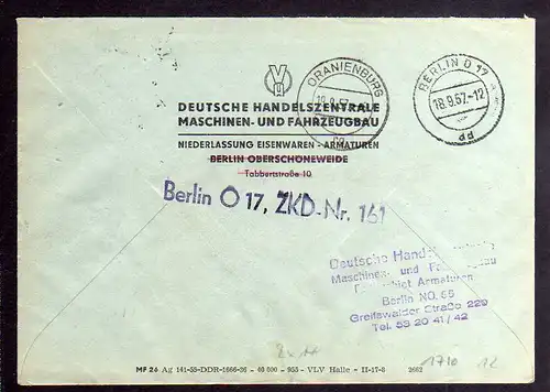 B1710 DDR ZKD 2x 14 Kontrollnummer 1605 Berlin Brief ZKD 161 Deutsche Handelszen