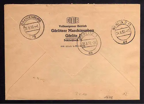 B1678 DDR ZKD 2x 10 Kontrollnummer 1305 Görlitz Brief VEB GMB Görlitzer Maschine