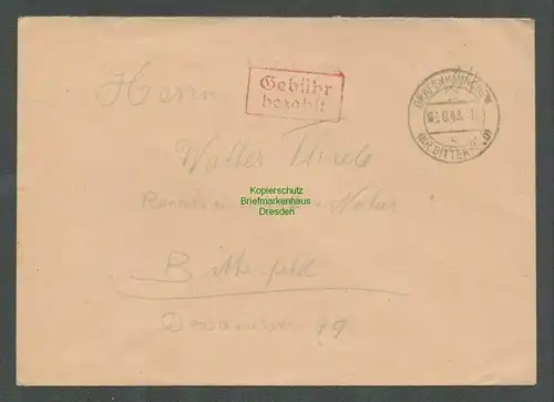 B-5637 SBZ Gebühr Bezahlt Brief Gräfenhainichen Kr. Bitterfeld 1948