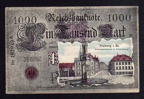 97774 AK Freiberg Sa. 1912 Schwedendenkmal AK im Geldschein Muster 1000 Mark