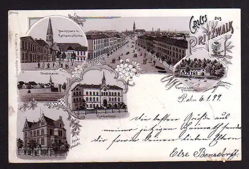 97864 AK Pritzwalk 1899 Litho Bank Gebäude Krankenhaus Markt Rathaus Kirche