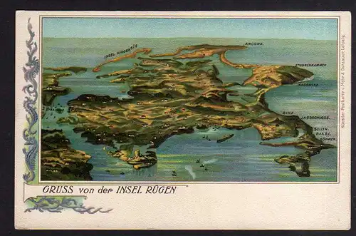 93200 AK Litho Insel Rügen um 1900 Landkarte Hiddensee Arcona Stubbenkammer