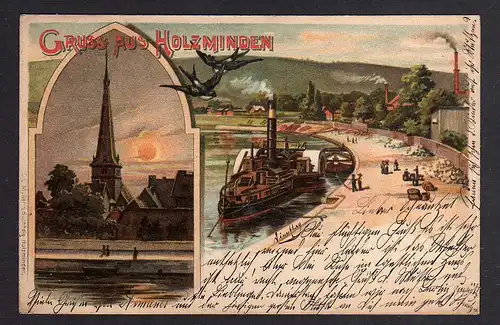 92658 AK Holzminden Litho Kirche Dampfer Schwalben 1900