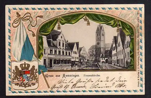 86497 AK Memmingen 1905 Brauerei zum Engel Frauenkirche Wappen Präge Karte Fahne