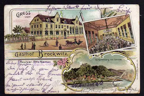 79828 AK Brockwitz Coswig Litho Gasthof Scharfenberg Schloss um 1905