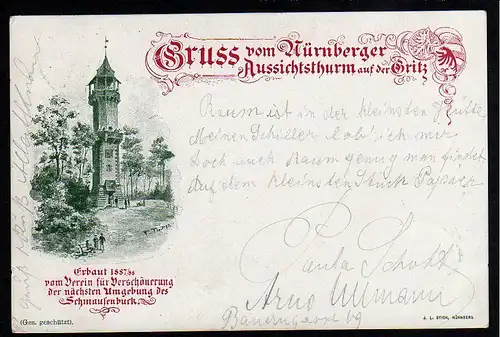 35345 AK Nürnberger Aussichts Turm auf der Gritz 1897