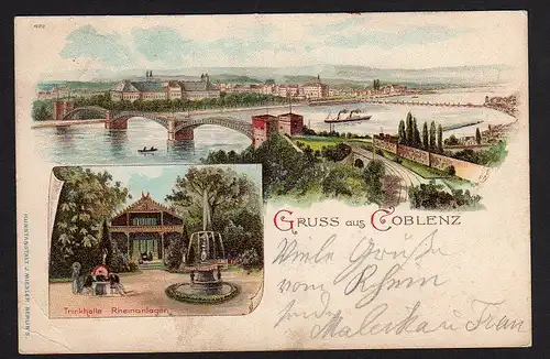 35263 AK Litho Gruss aus Koblenz Coblenz Trinkhalle Rheinanlagen 1901