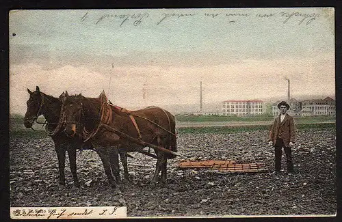 29009 AK Bauer mit Pferden Acker Hintergrund Fabrik Wohnhaus Pferd Berlin 1905