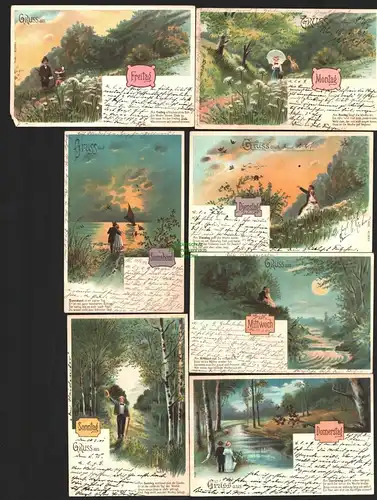 146397 7 AK Künstlerkarte Wochentage 1901 Serie Litho Montag, Dienstag, Mittwoch