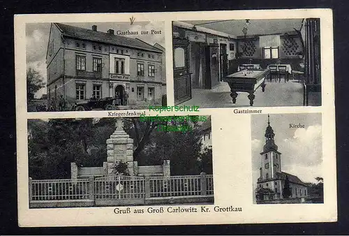 135308 AK Groß Carlowitz Kr. Grottkau 1929 Gasthaus zur Post Kriegerdenkmal Kirc