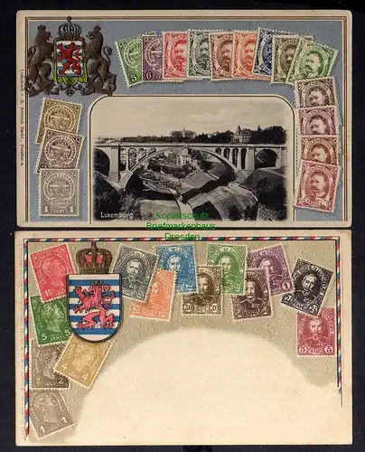 129538 2 AK Philatelie Postkarte Luxemburg Wappen geprägt Brücke