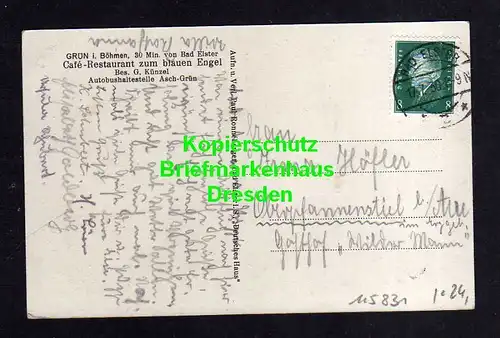 115831 AK Grün bei Asch in Böhmen Gasthaus zum blauen Engel Kaffee Garten 1930 B