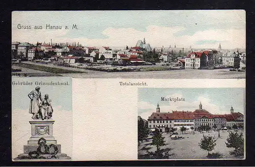 112887 AK Hanau 1906 Panorama Gebrüder Grimm Denkmal Marktplatz