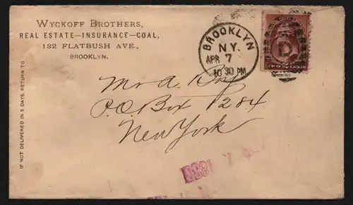 B11855 USA Brief 1886 BROOKLYN N. Y.  WYCKOFF BROTHERS REAL ESTATE-INSURANCE