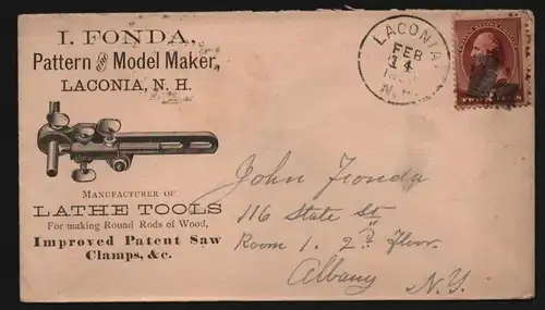 B11839 USA Brief 1887 Laconia New Hampshire Lathe Tools to Albany