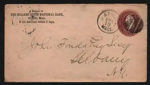B11857 USA Brief 1887 Athol Massachusetts to Albany The Millers River national B