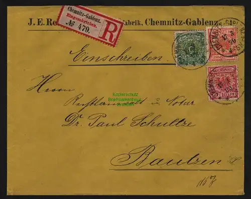 B12005 Brief DR Krone Adler 1899 Einschreiben Chemnitz Gablenz Perfin J.E.R.