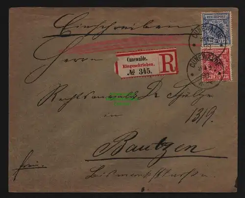 B11995 Brief DR Krone Adler 1899 Cunewalde Einschreiben nach Bautzen