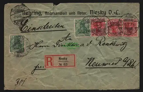 B12044 Brief DR Germania Niesky Einschreiben 1907 an Amtsgericht Bautzen