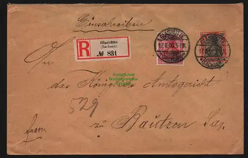 B12042 Brief DR Germania Glashütte Einschreiben 1906 Amtsgericht 86 I 89 I