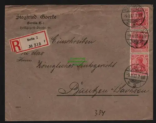 B12051 Brief DR Germania Einschreiben Berlin nach Bautzen 1907 86 I MeF an Amts