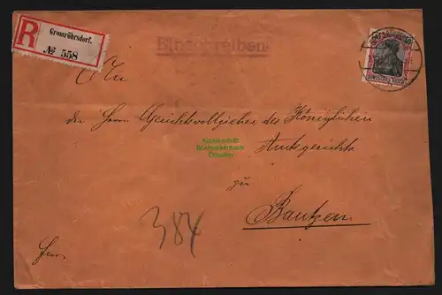 B12041 Brief DR Germania Grossröhrsdorf Einschreiben 1907 Amtsgericht 90 I EF