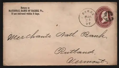 B11864 USA Brief 1886 Barre VT to Rutland