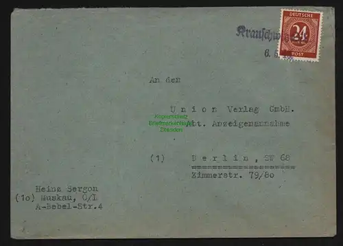 B11954 SBZ Brief Notstempel Krauschwitz Ost 6.5.46 nach Berlin Abs. aus Muskau