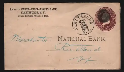 B11866 USA Brief 1886 Plattsburgh National Bank New York to Rutland