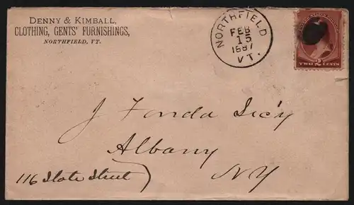 B11856 USA Brief 1887 Northfield VT Vermont nach Albany Clothing Genbts Furnishi