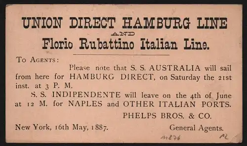 B11876 USA stationery 1887 New York Union Direct Hamburg Line Italian to Albany