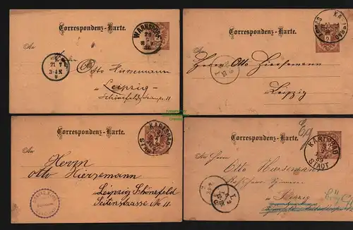 B11983 Österreich 4x Ganzsache Warnsdorf 1888 Karlsbad 1889 nach Leipzig